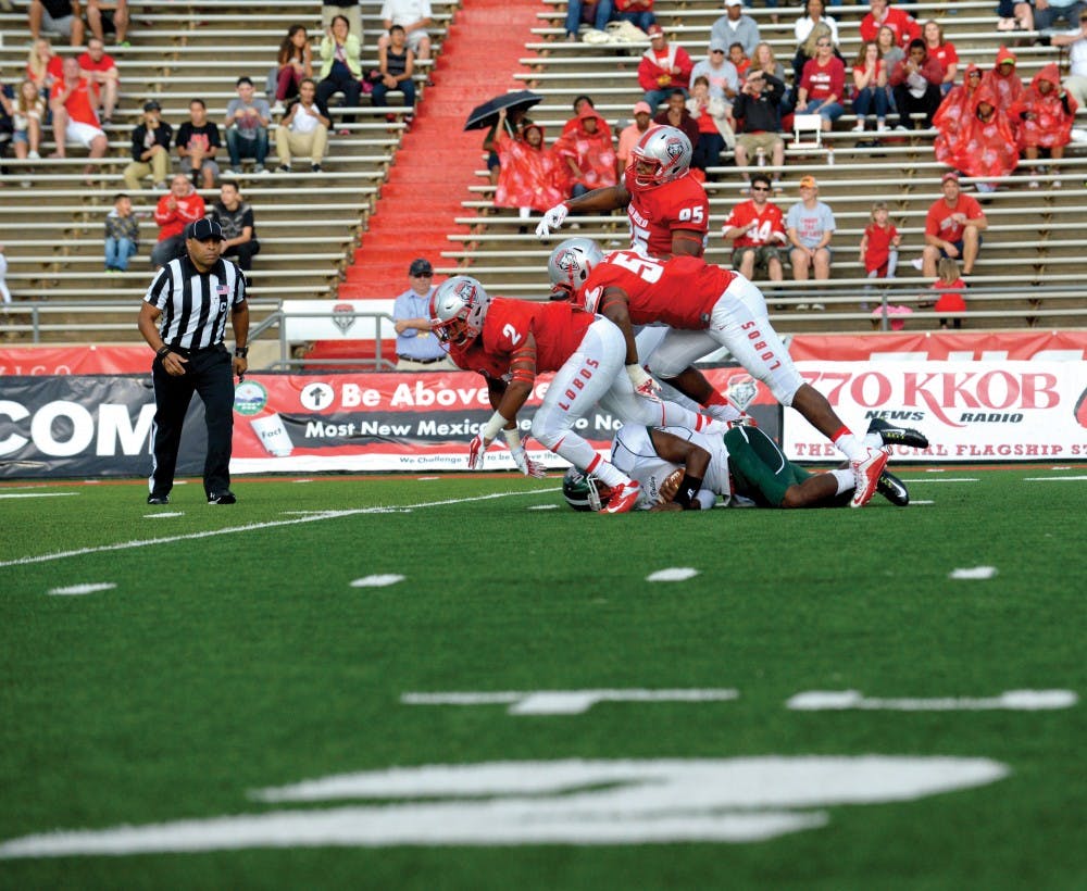 UNM linebacker Kimmie Carson sacs the Mississippi Valley quarterback on Saturday evening, at University Stadium. The Lobos will play against Arizona State on September 18th in Tempe, AZ. 