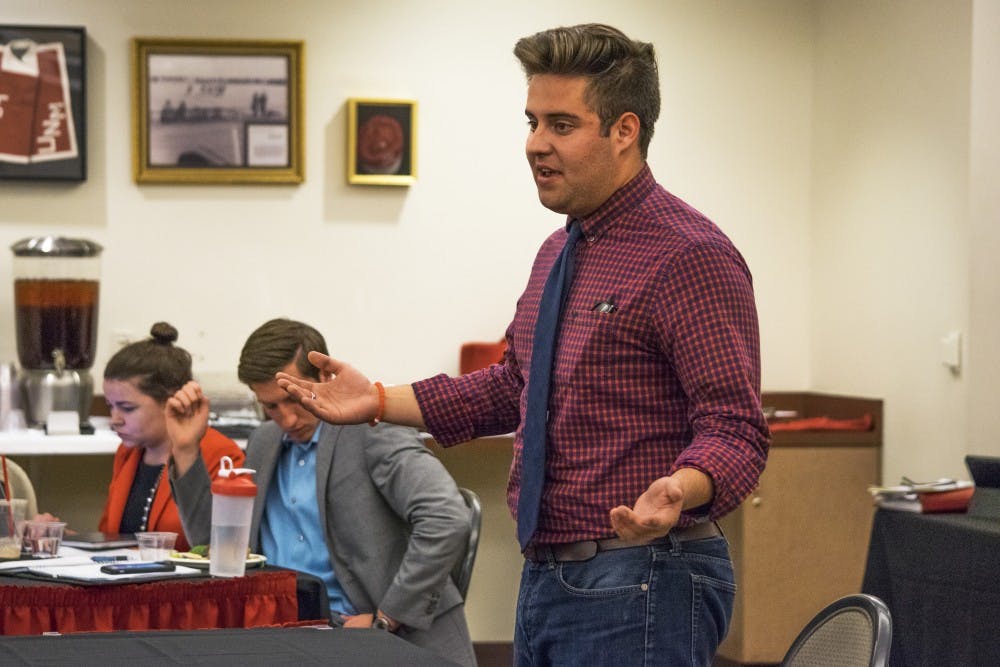 ASUNM President Kyle Biederwolf addresses senators and attendees of an April 27, 2016 meeting at the SUB. ASUNM will attempt to increase voter turnout this year and adjust any issues brought to light by voters via a survey.