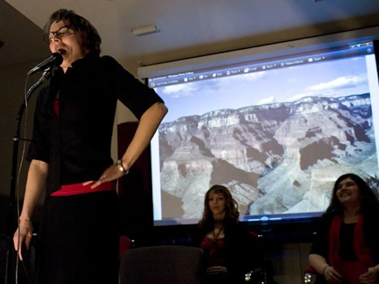 Rose Bryan performs during "The Vagina Monologues" at the UNM School of Law on Friday. Students put on the play to raise money for women in need.
