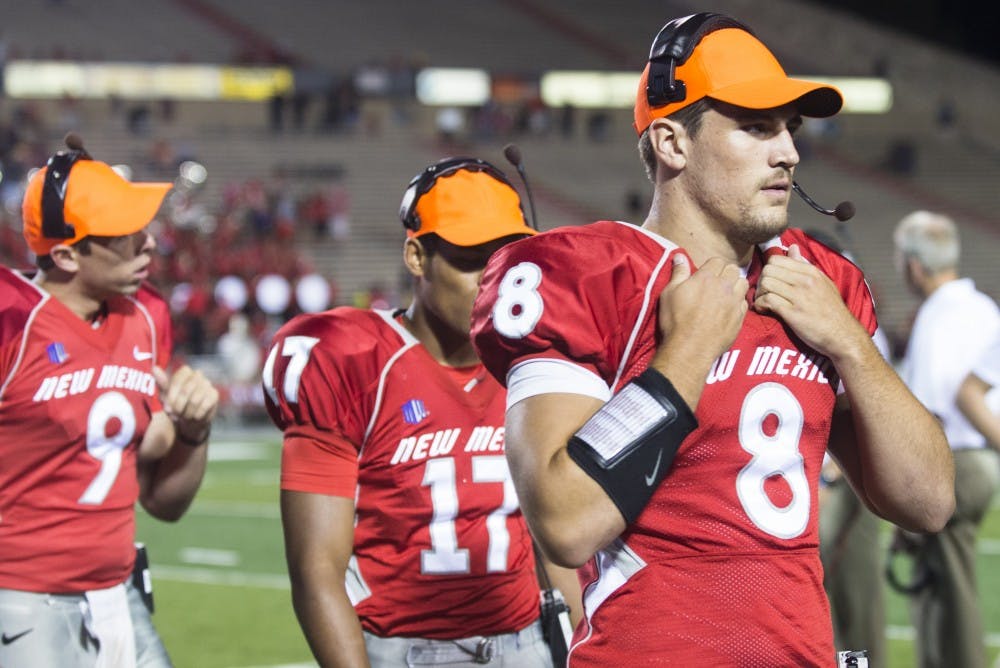 New Mexico quarterback Cole Gautsche (8) paces on the sidelines during the Sept. 6 game against Arizona State. Gautsche was out for the Arizona State game because of a pulled right hamstring and is questionable for Saturday’s Rio Grande Rivalry game at New Mexico State.