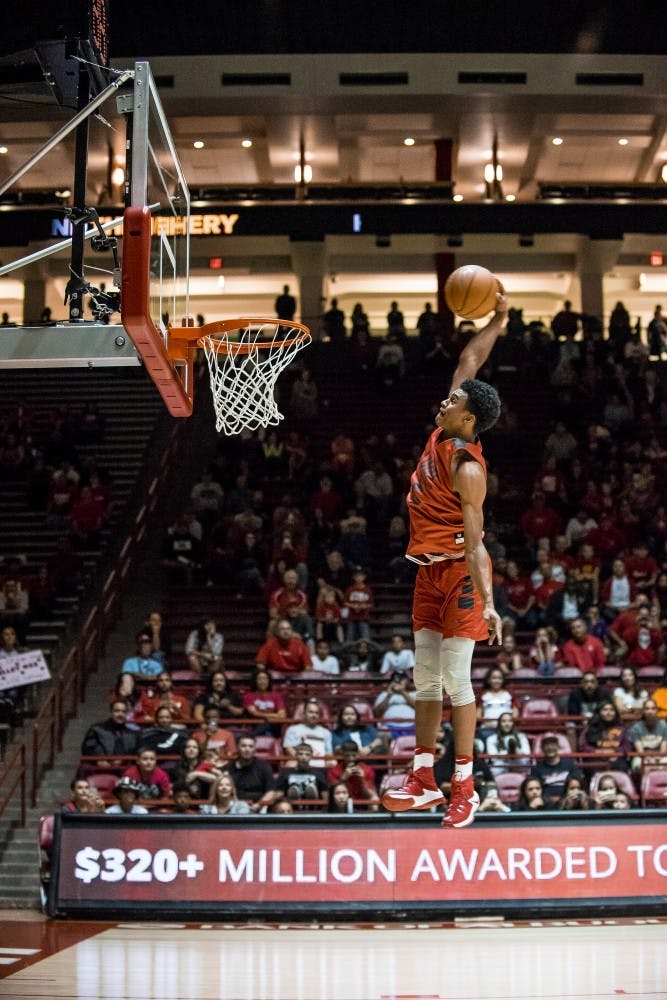 Jalen Harris attempts a dunk from the free throw line at the 201