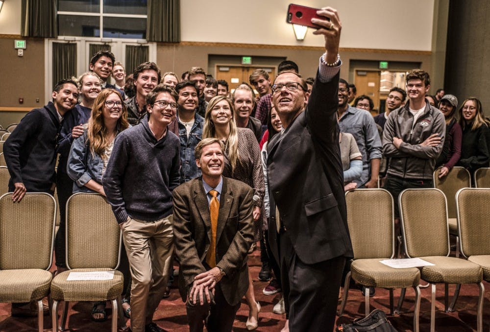 Mayoral candidate Tim Keller, center, and&nbsp;Brian S.&nbsp;Colón, right, take a group selfie with students on Nov. 1, 2017 at the SUB ballrooms when they, along with&nbsp;Gus Pedrotty,&nbsp;visited UNM College Democrats.