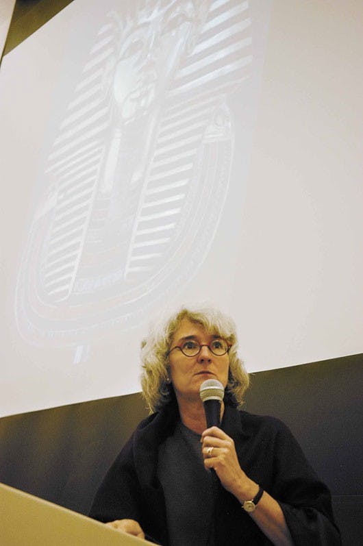 Emily Teeter, an Egyptologist at the Oriental Institute at the University of Chicago, answers a question after her lecture about the popularity of Egyptian artifact museum tours Thursday in the Hibben Center.  
