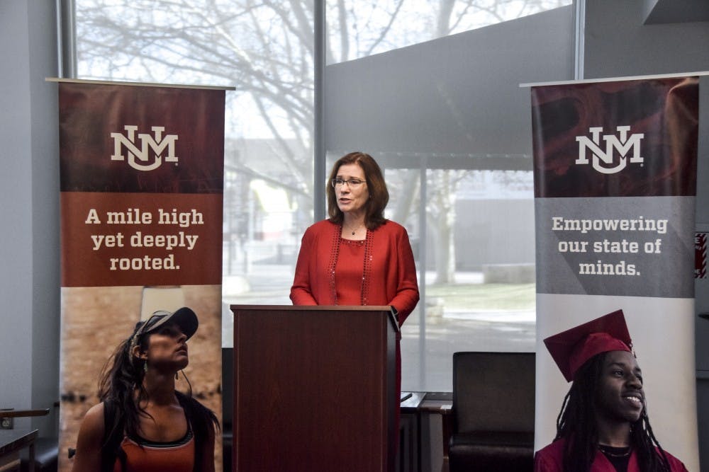 Newly appointed UNM President Garnett Stokes tells&nbsp;reporters about her future plans for&nbsp;the University on March 5, 2018 at Popejoy Hall. &nbsp;