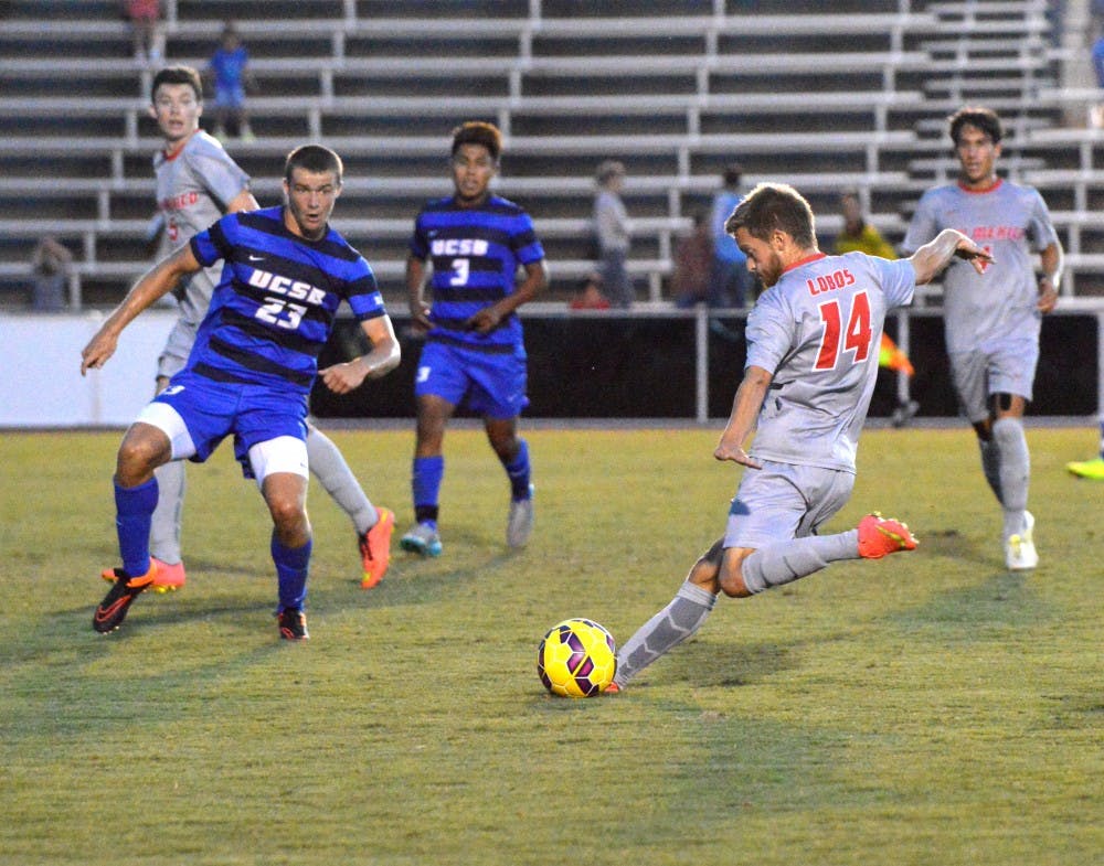 Lobo midfielder Chris Wehan just moments before firing on UCSB's goal Sept. 6, 2015. The Lobos have won their last five games and plan for a sixth against South Carolina this Friday. 