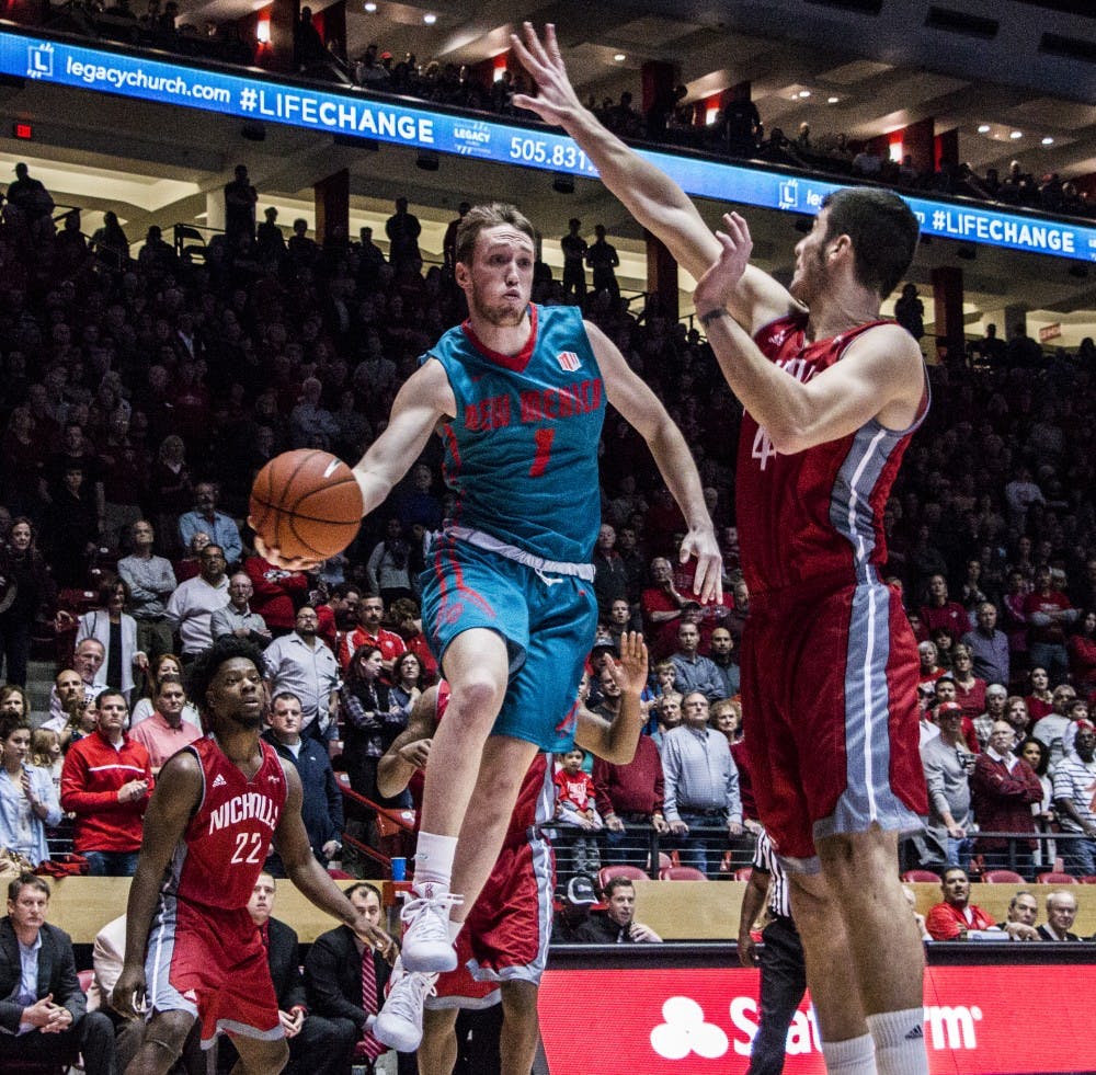 Redshirt sophomore guard Cullen Neal drives past a Nicholls State player at WisePies Arena Nov. 25. The Lobos are scheduled to play Oral Roberts Dec. 1.&nbsp;