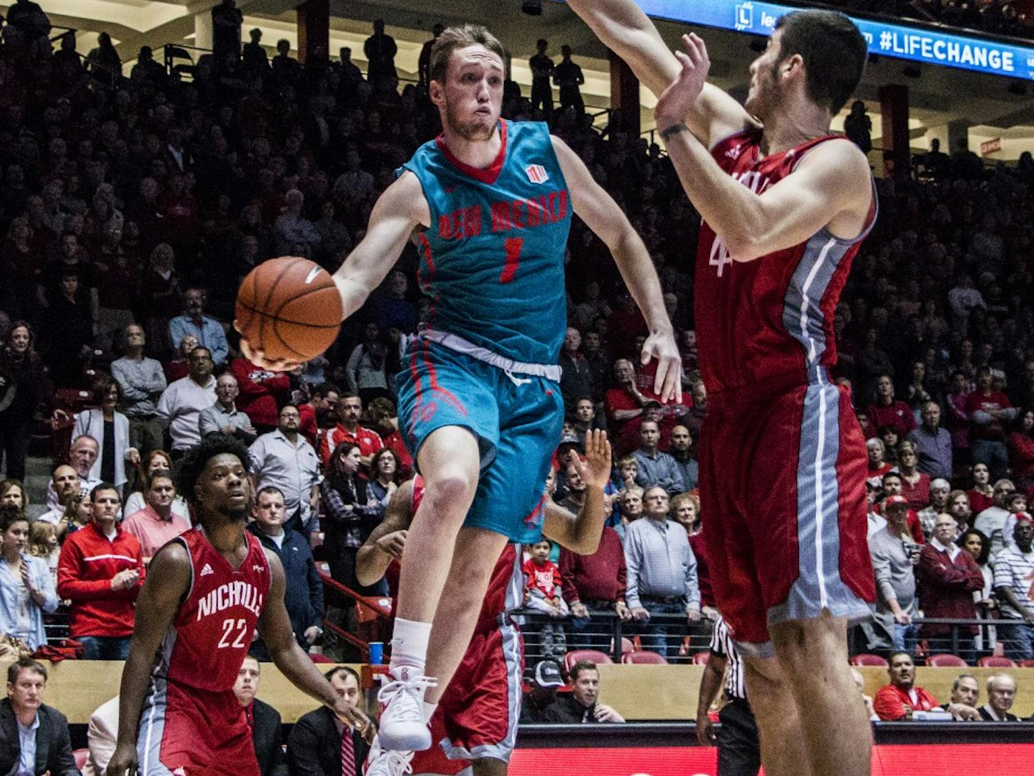 Redshirt sophomore guard Cullen Neal drives past a Nicholls State player at WisePies Arena Nov. 25. The Lobos are scheduled to play Oral Roberts Dec. 1. 