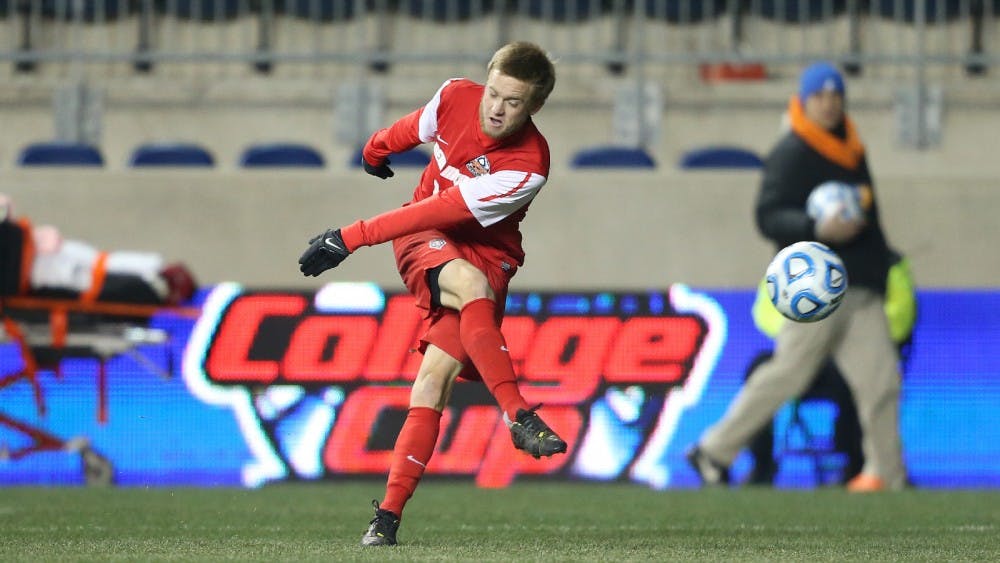 	New Mexico’s Christopher Wehan kicks the ball downfield during an NCAA College Cup semifinal game against Notre Dame Friday in Philadelphia. The Lobos, playing in their second College Cup, lost to the Irish 2-0.