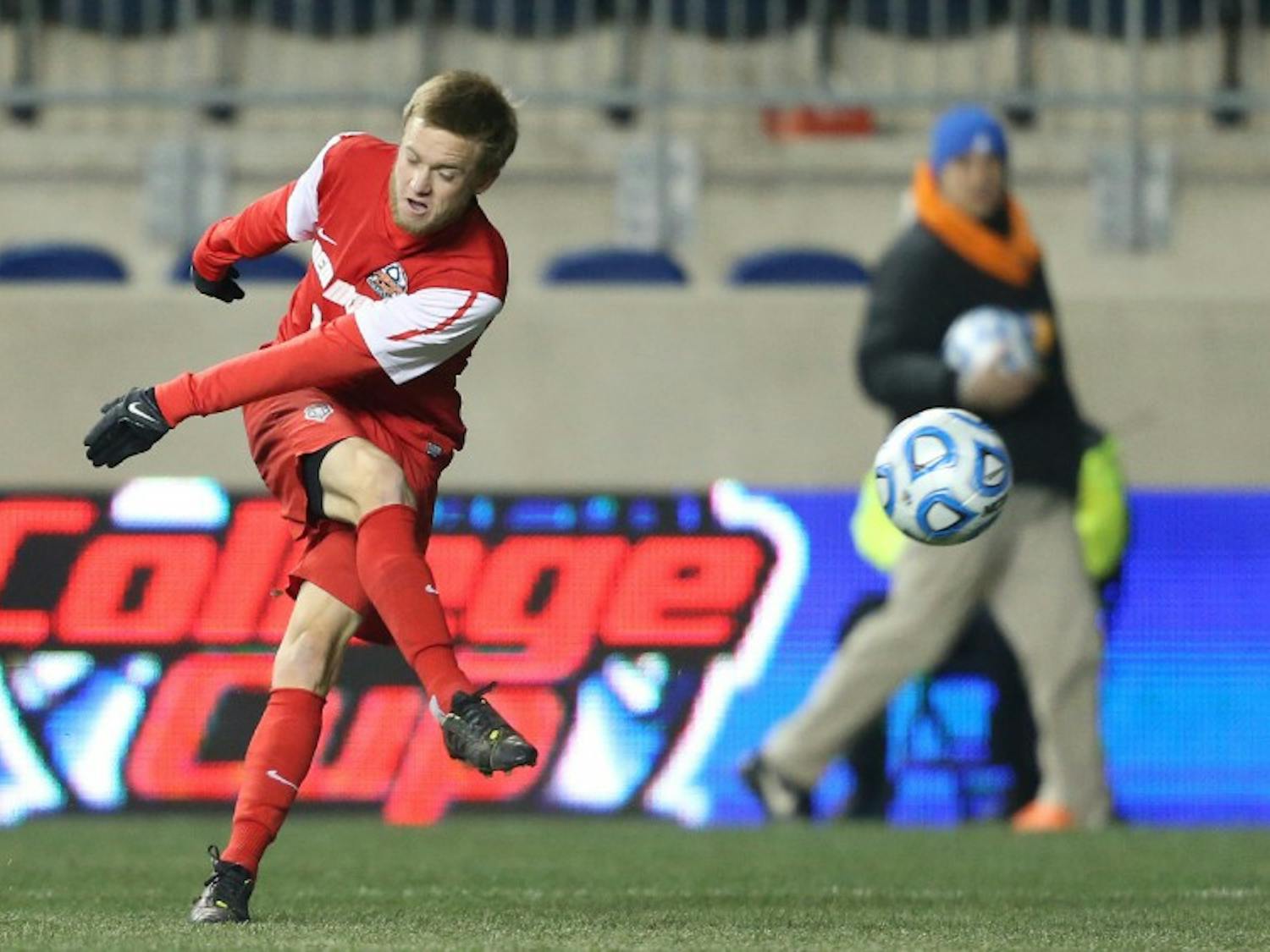 	New Mexico&#8217;s Christopher Wehan kicks the ball downfield during an NCAA College Cup semifinal game against Notre Dame Friday in Philadelphia. The Lobos, playing in their second College Cup, lost to the Irish 2-0.