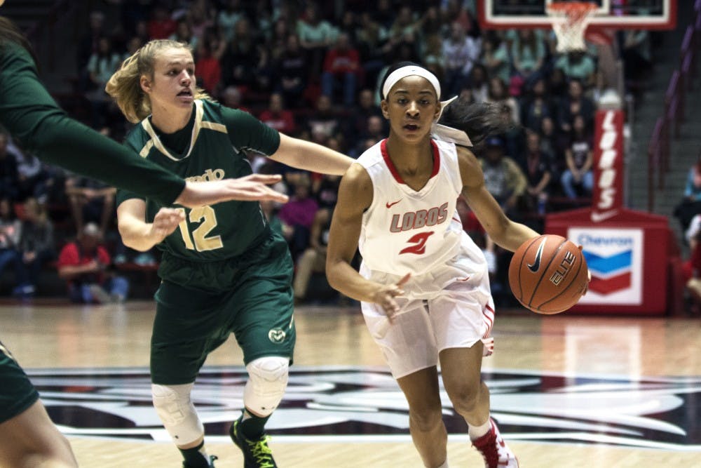 Sophomore guard Kenya Pye attempts to drive past Colorado State's defense Feb. 24, 2016 at WisePies Arena. The Lobos played CSU in the Mountain West Tournament Wednesday night and lost 60-42.