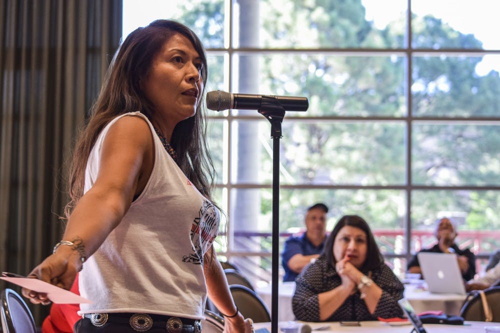 Cheyenne Antonio speaks at the UNM Seal Forum on Thursday evening in the SUB Ballroom. The forum was designed to start a conversation about the racial biases found on UNM’s official seal.
