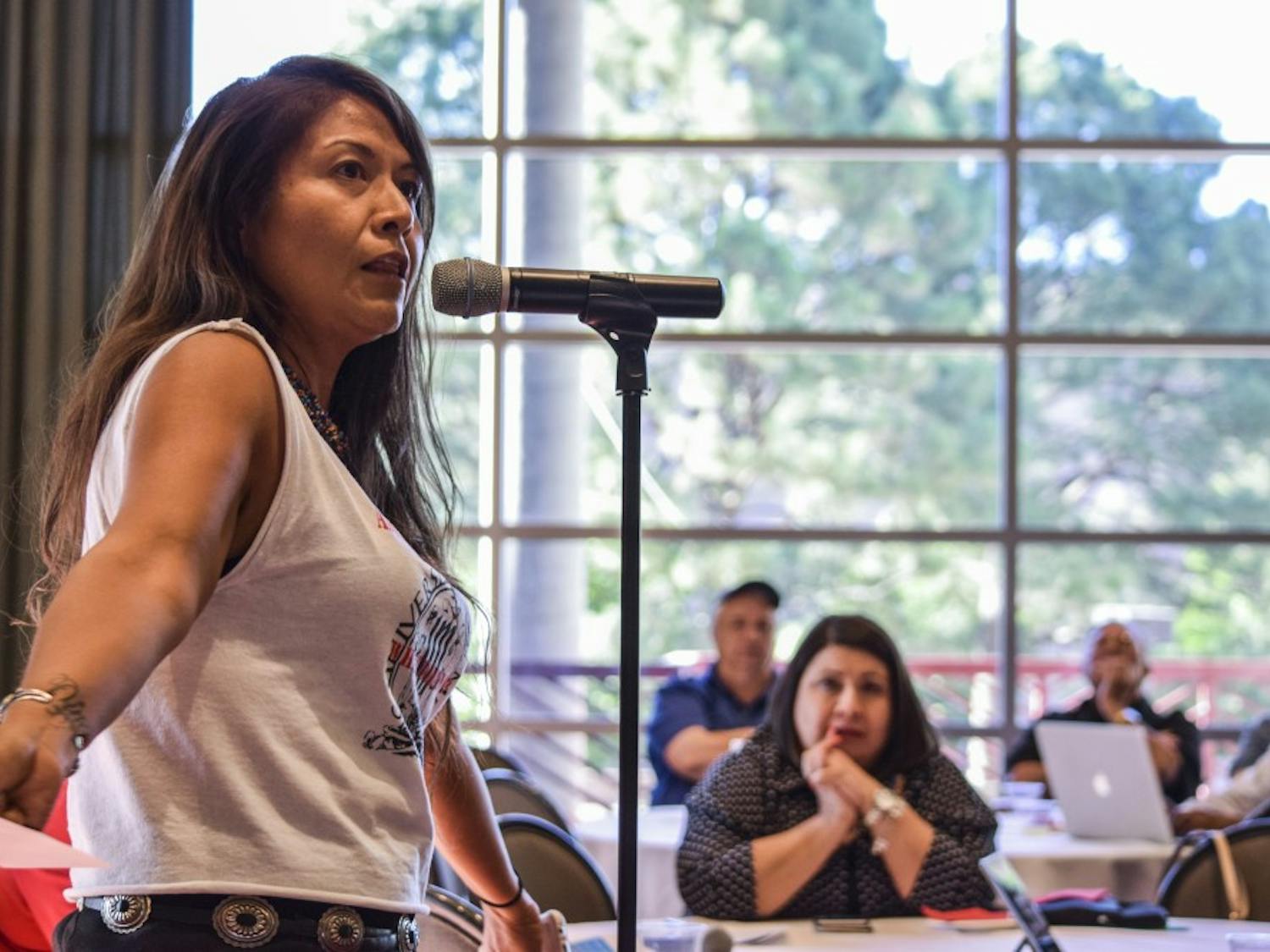 Cheyenne Antonio speaks at the UNM Seal Forum on Thursday evening in the SUB Ballroom. The forum was designed to start a conversation about the racial biases found on UNM’s official seal.