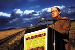 Ed Zahniser, son of Howard Zahniser, the author of the Wilderness Act of 1964, talks about his father's environmental work during a rally Saturday at the Kimo Theater in Downtown Albuquerque. The rally was sponsored by the New Mexico Wilderness Alliance, 