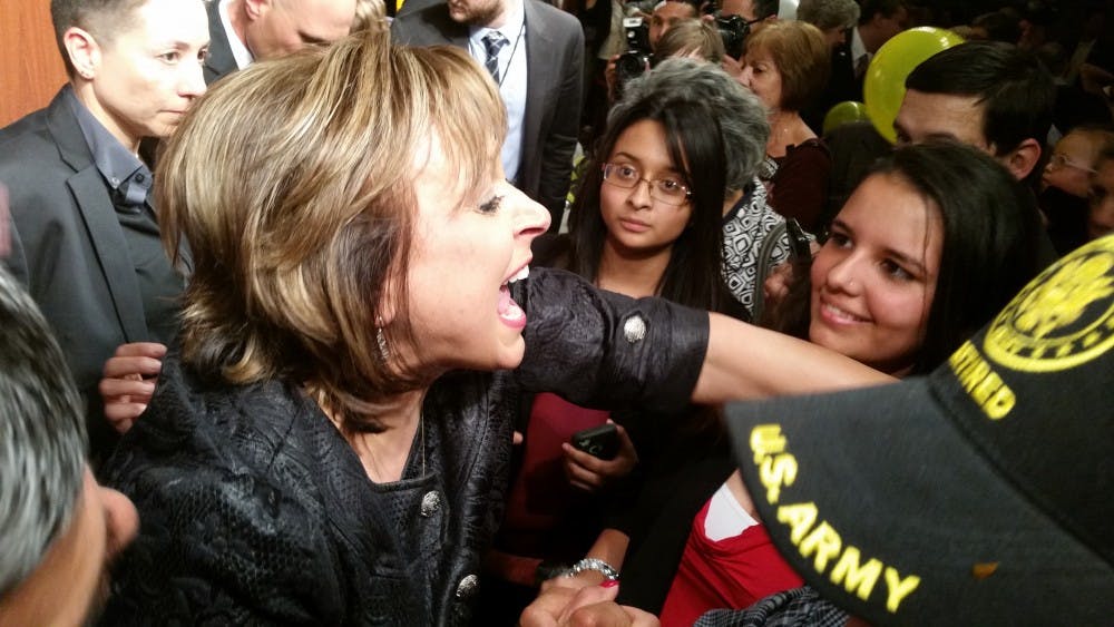 Gov. Susana Martinez greets supporters after giving a re-election victory speech Tuesday night at the Albuquerque Marriott.