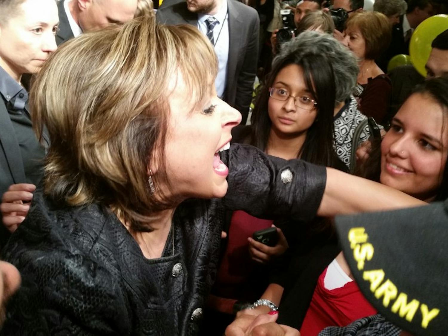 Gov. Susana Martinez greets supporters after giving a re-election victory speech Tuesday night at the Albuquerque Marriott.