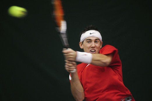 Graeme Kassautzki returns a volley Sunday during the Lobos' win over Indiana. UNM has a chance to play the No. 1 team in the country on Sunday.