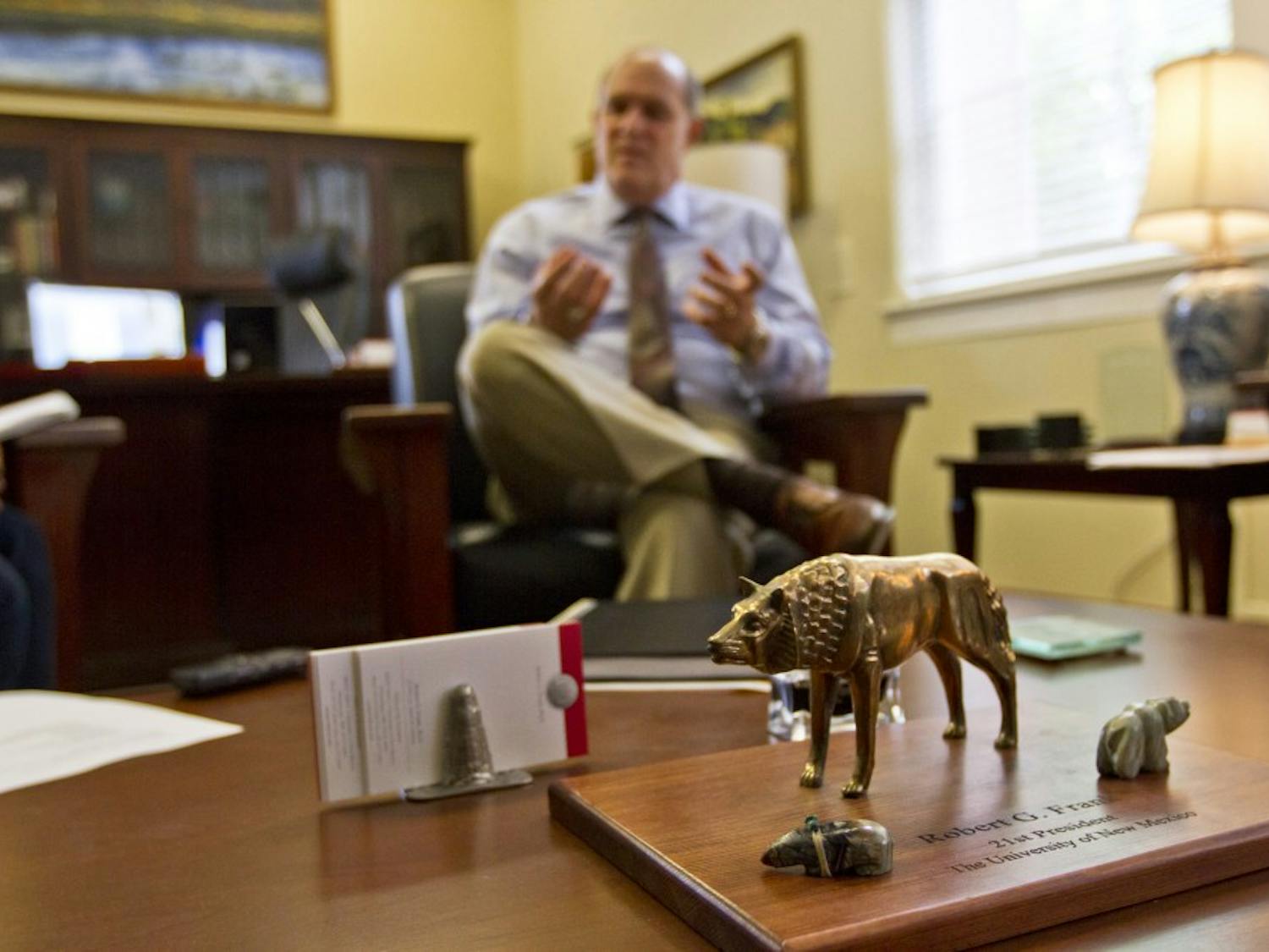 Current UNM President Bob Frank sits in his office during an interview in late 2013. Earlier this semester Frank announced he would not seek a contract renewal following the end of this tenure in May, and the University is searching for his successor.