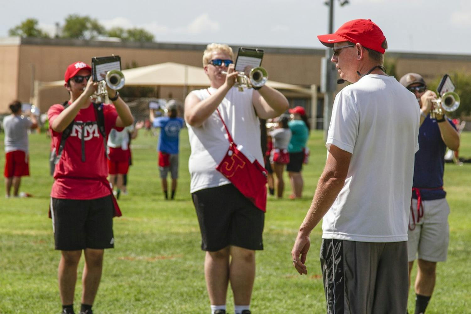 Director Chad Simons works with the UNM Spirit Band on Wednesday Aug. 22, 2018.