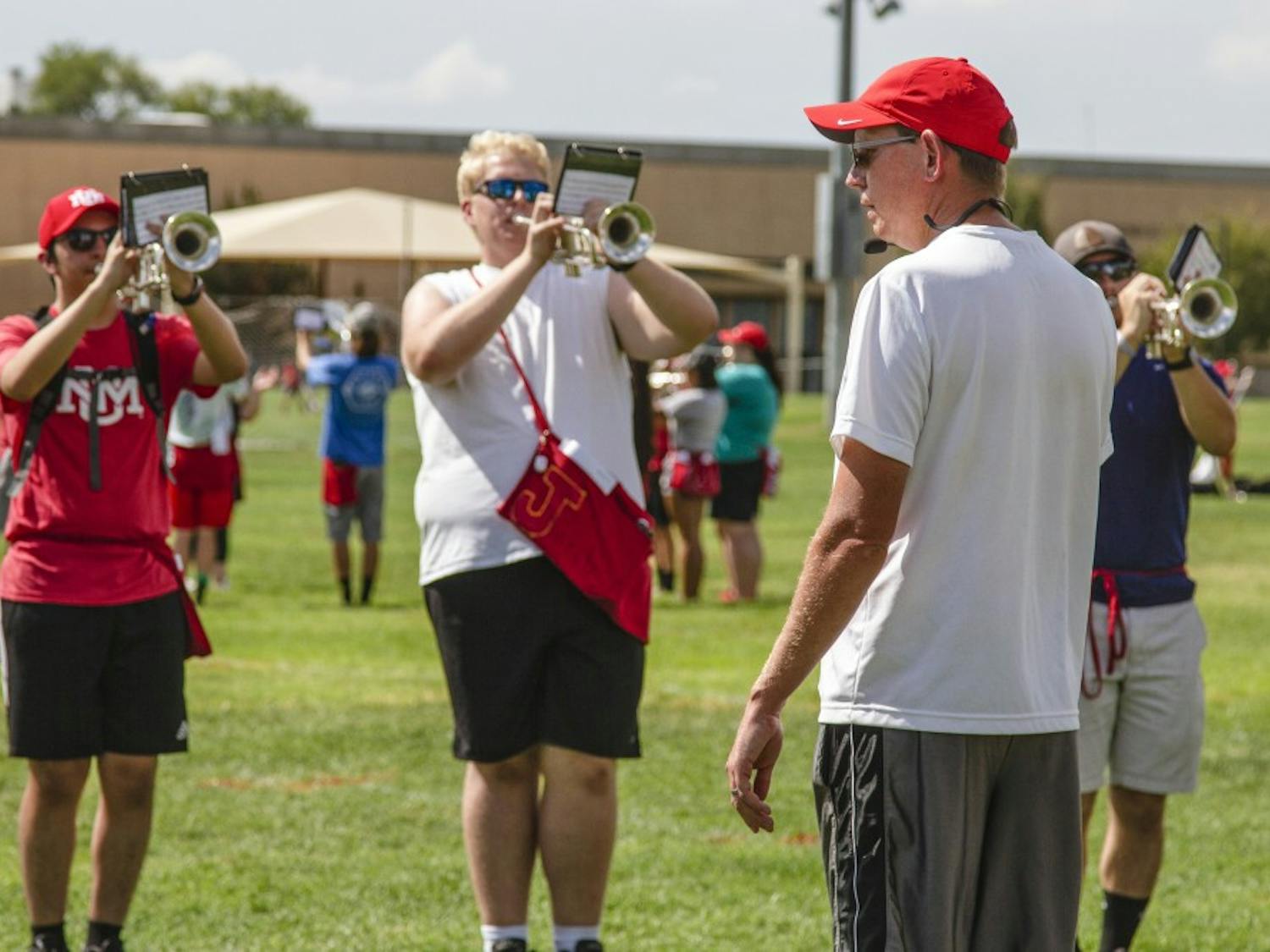 Director Chad Simons works with the UNM Spirit Band on Wednesday Aug. 22, 2018.