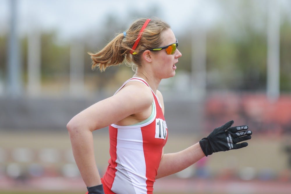 A Lobo runner competes in the women's mile Saturday, April 1, 2017 at the Don Kirby Tailwind Invitational.