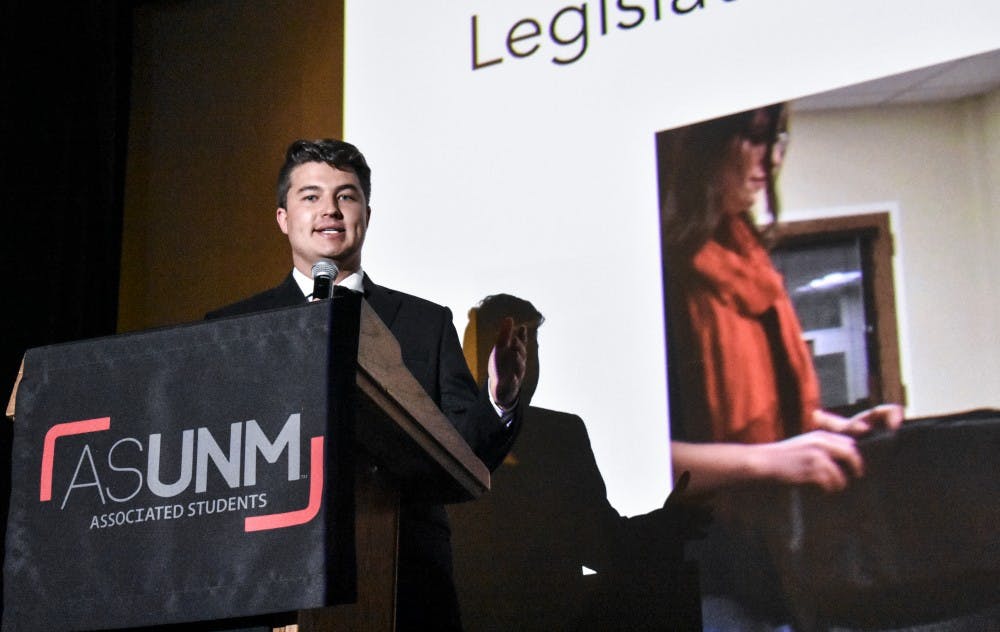 Noah Brooks address students in the Student Union Building Theater for the State of ASUNM Address on April 26, 2018.&nbsp;