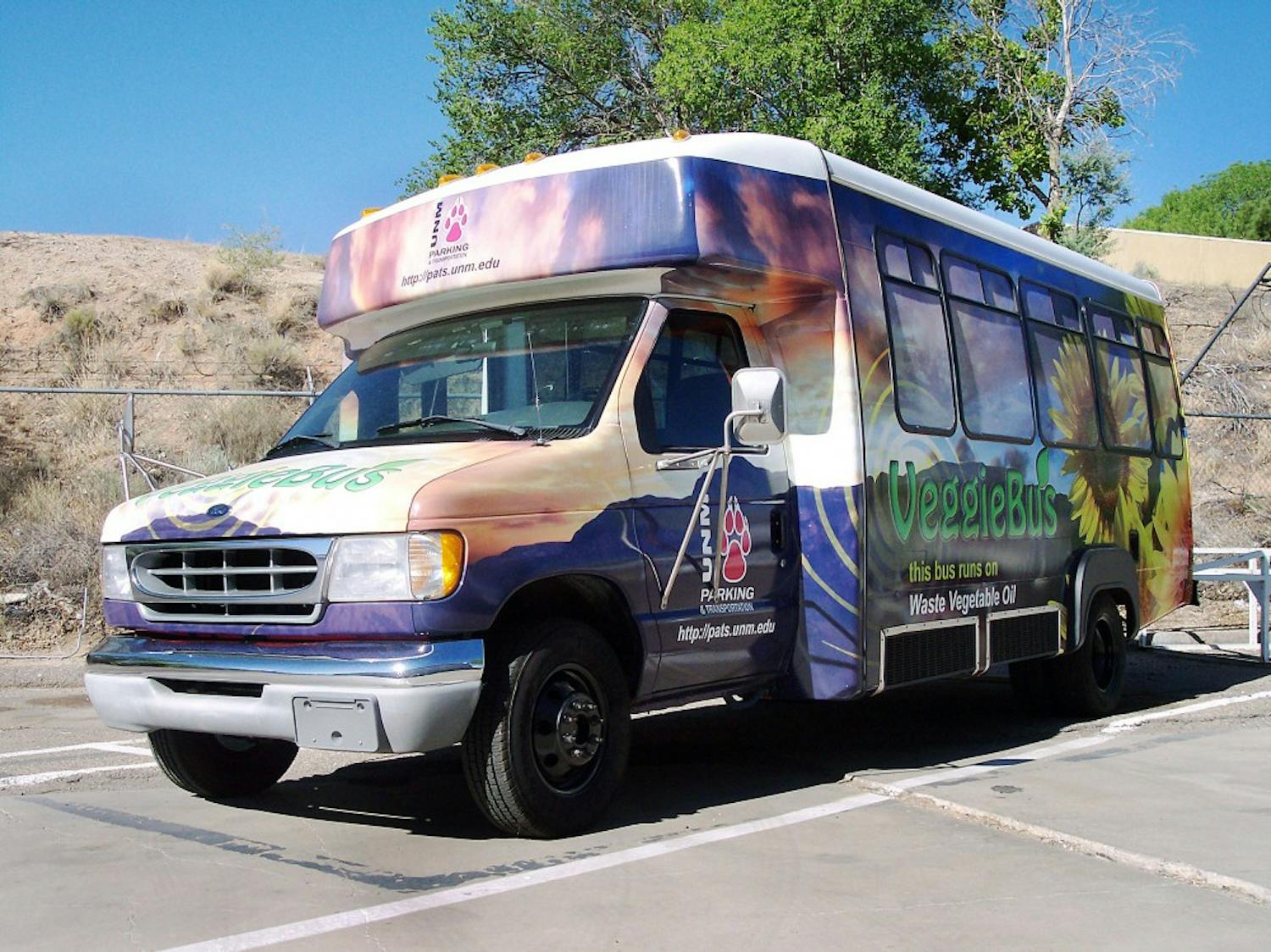 	A view of UNM’s first-ever waste vegetable oil-powered shuttle, the Veggie Bus. The oil is collected from the SUB, La Posada and the UNM Hospital cafeteria. 