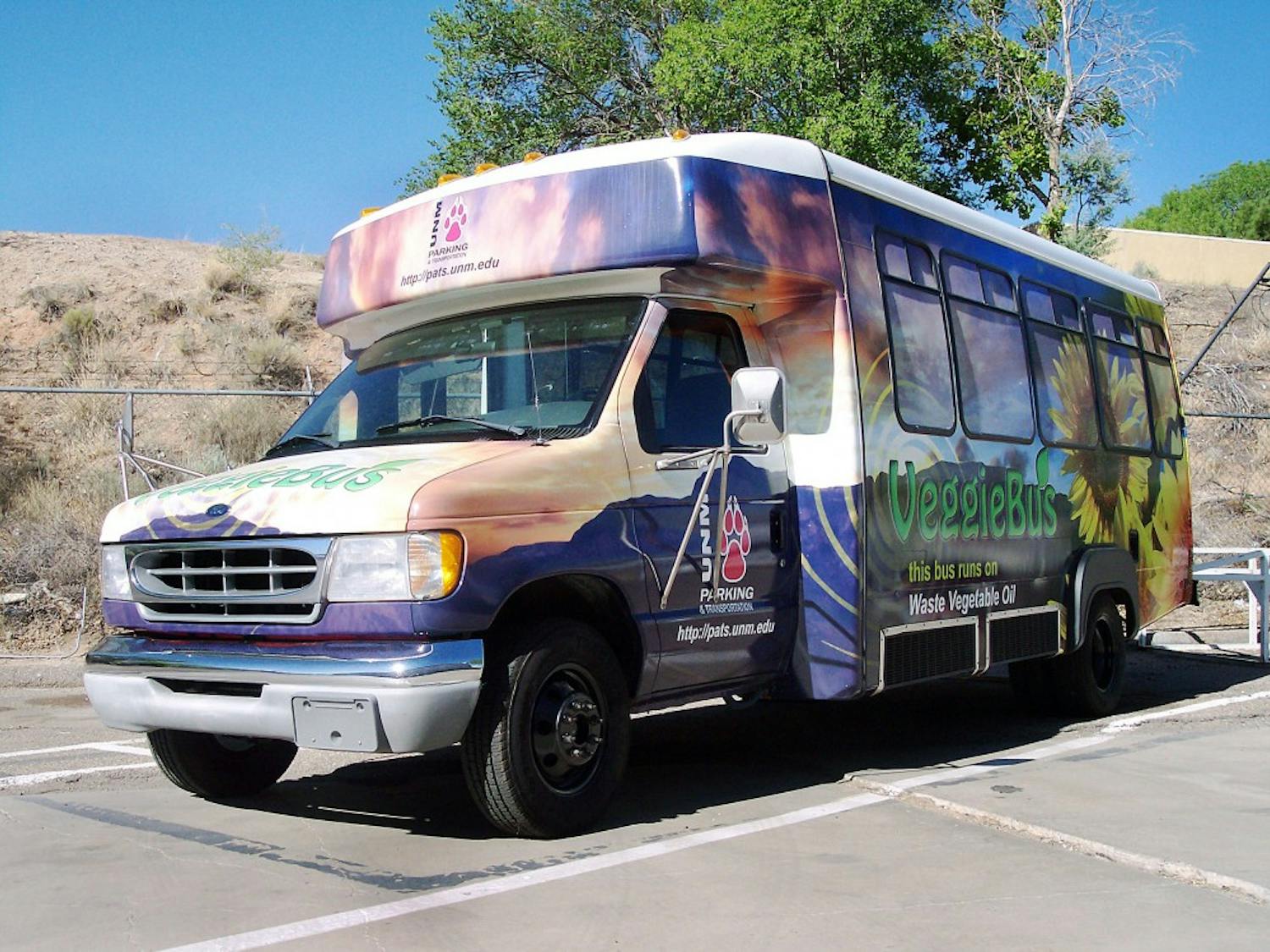 	A view of UNM’s first-ever waste vegetable oil-powered shuttle, the Veggie Bus. The oil is collected from the SUB, La Posada and the UNM Hospital cafeteria. 