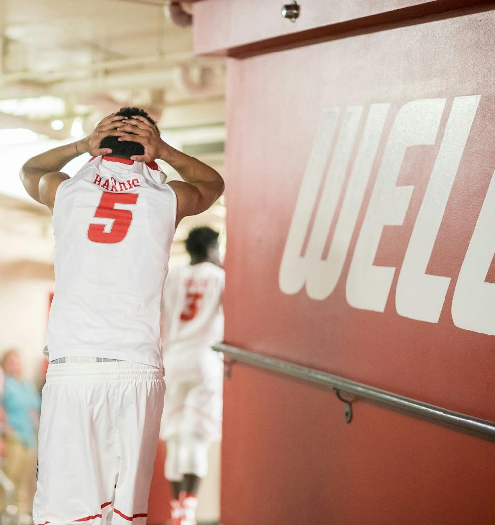 Jalen Harris walks with his hands on his head back to the locker room at WiesPies Arena on Saturday Feb 4th after a loss to SJSU