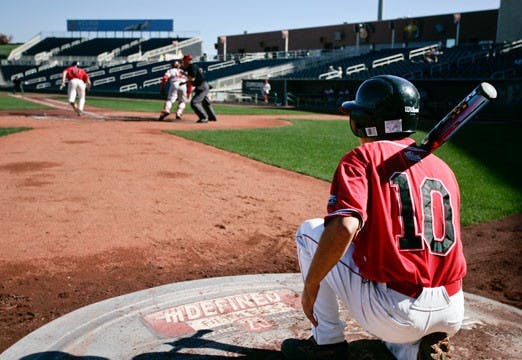 Shortstop Danny Gonzalez crouches in the batter's box during UNM's Cherry-Silver scrimmage Tuesday at Isotopes Park. Cherry won 10-4.  
