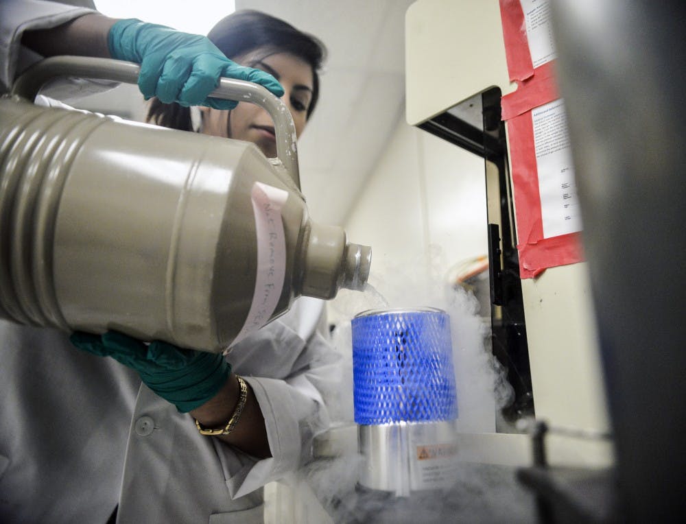 Sadia Afrin Kabir fills the dewar with a cask of liquid nitrogen in the basement of the Farris Engineering Building on Oct. 21. The liquid nitrogen is used in a Brunauer–Emmett–Teller (BET), surface area analysis of graphene sheets for her research of fuel cells.