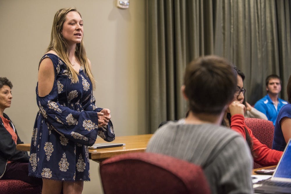 ASUNM Finance Committee Chair Hannah William speaks during a Steering and Rules Committee meeting on Wednesday, April 5, 2017 at the UNM SUB. The Senate will vote on the proposed spring budget on Wednesday. 