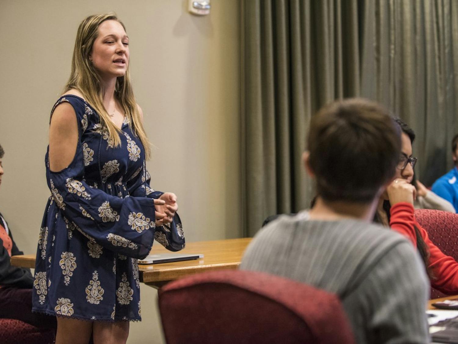 ASUNM Finance Committee Chair Hannah William speaks during a Steering and Rules Committee meeting on Wednesday, April 5, 2017 at the UNM SUB. The Senate will vote on the proposed spring budget on Wednesday.