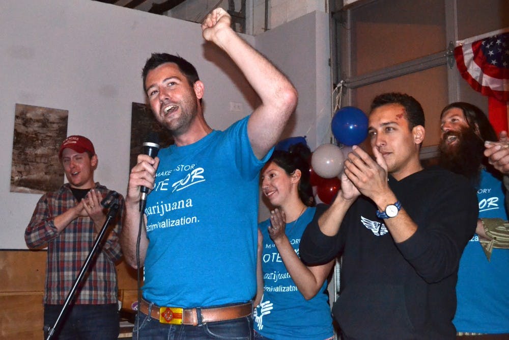 Pat Davis, executive director of ProgressNow New Mexico, gives a victory speech after the ballot measure for working toward the decriminalization of marijuana was passed on Tuesday. The ballot memorandum passed in both Albuquerque and Santa Fe.