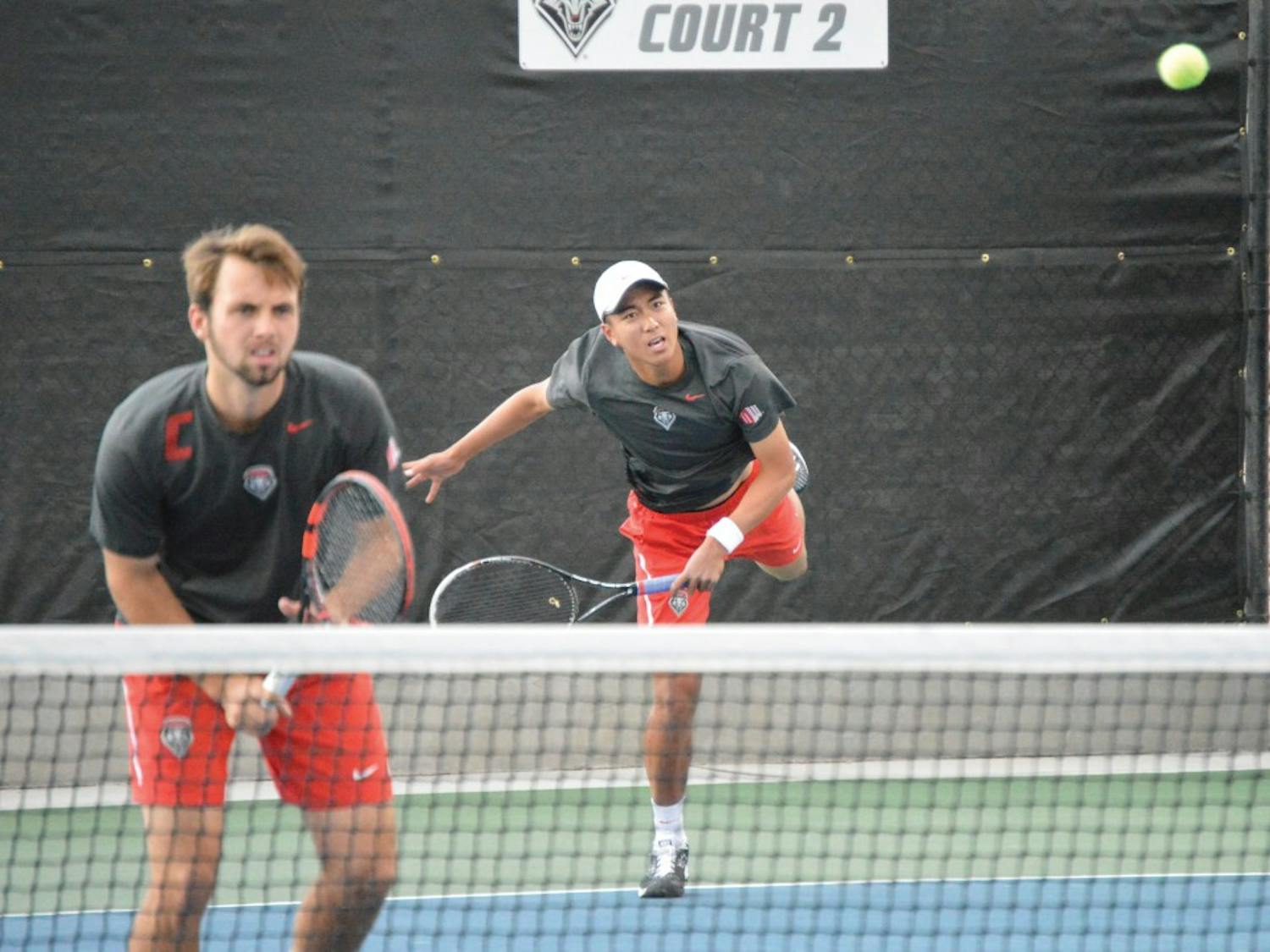 Senior James Hignett and Augustus Ge, play double against Air Force on April 24 at McKinnon Family Tennis Stadium. Hignett and Augustus won the set against Air Force in the No. 2 spot. 