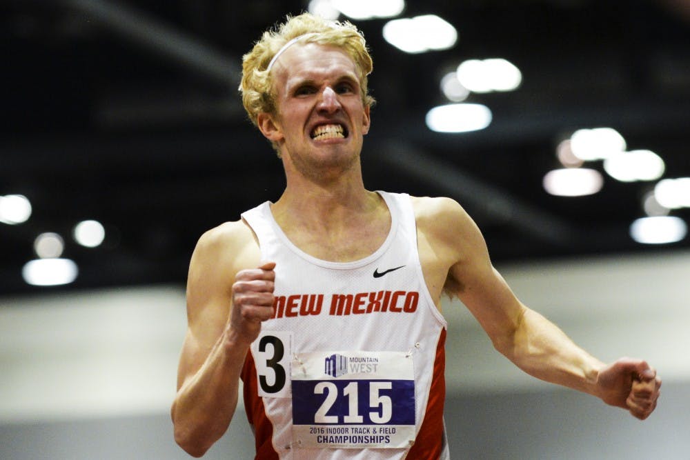 Senior Elmar Engholm competes in a distance event at the Mountain West Championships Feb. 28, 2016 at the Albuquerque Convention Center. The Lobos will compete in the Don Kirby Tailwind Invitational this Saturday.