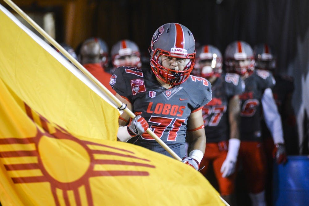 Sophomore safety Steven Steele looks downfield as he prepares to lead the Lobos out of the tunnel at University Stadium Saturday, Oct. 22, 2016. The Lobos play against Hawaii University this Saturday.