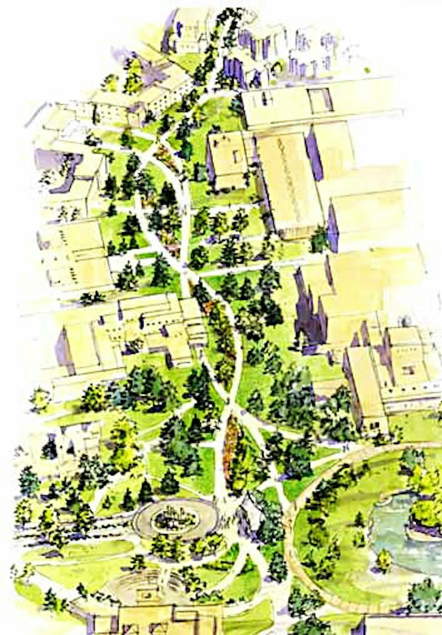 	An illustration of pedestrian trails connecting main and north campus to increase class accessibility for students.