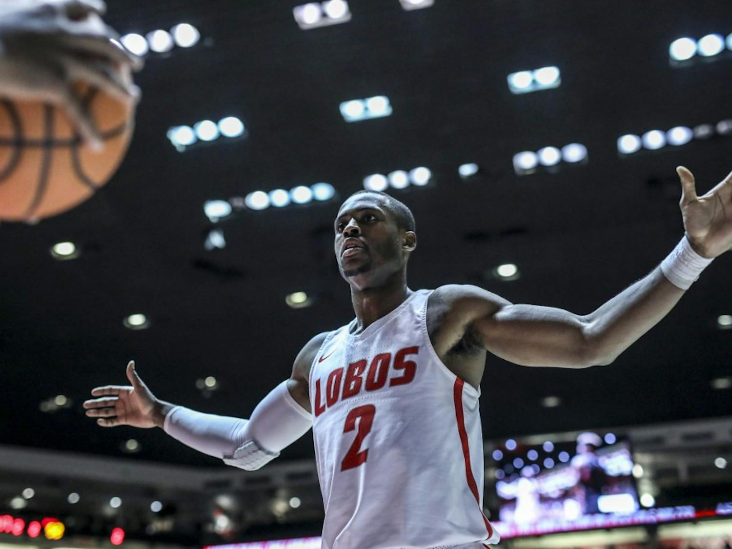 Senior Sam Logwood defends the basket from the Northern New Mexico Eagles during a home game at Dreamstyle Arena on Nov. 11, 2017. The Lobos ran an imposing full court press for the majority of the game.