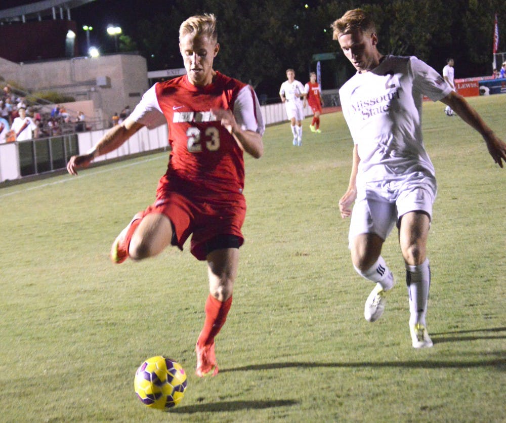 Lobo’s forward Sam Gleadle rushes for the ball during their game against Missouri State Sept. 18, 2015. The Lobos next home game is Sept. 30, 2015 against the University of San Francisco.