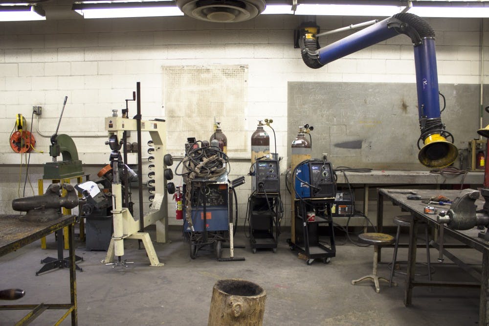 Delipidated equipment is spread throughout the Fine Arts metal shop on Tuesday morning. The equipment is just one of the issues affecting the Fine Arts Department and its students.