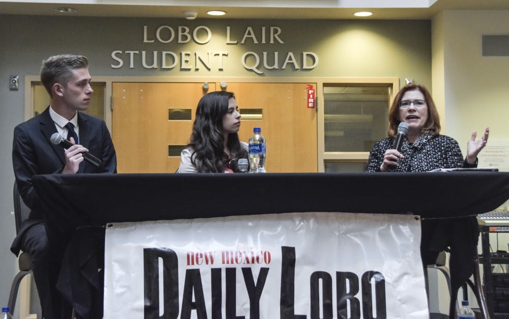 UNM President Garnett S. Stokes, right, addresses the university community during a town hall hosted by the Daily Lobo in the SUB Atrium March 27, 2018. Editor-in-Chief Elizabeth Sanchez, center, and News Editor Kyle Land asked her their own questions as well as questions from the public.