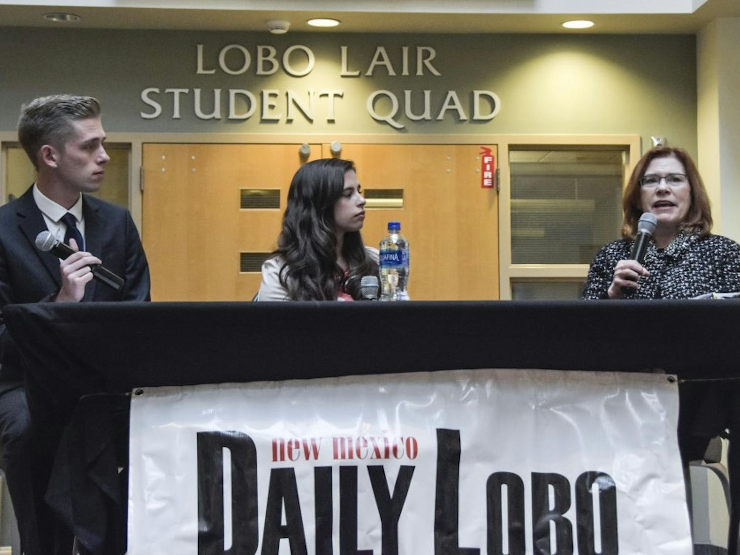 UNM President Garnett S. Stokes, right, addresses the university community during a town hall hosted by the Daily Lobo in the SUB Atrium March 27, 2018. Editor-in-Chief Elizabeth Sanchez, center, and News Editor Kyle Land asked her their own questions as well as questions from the public.