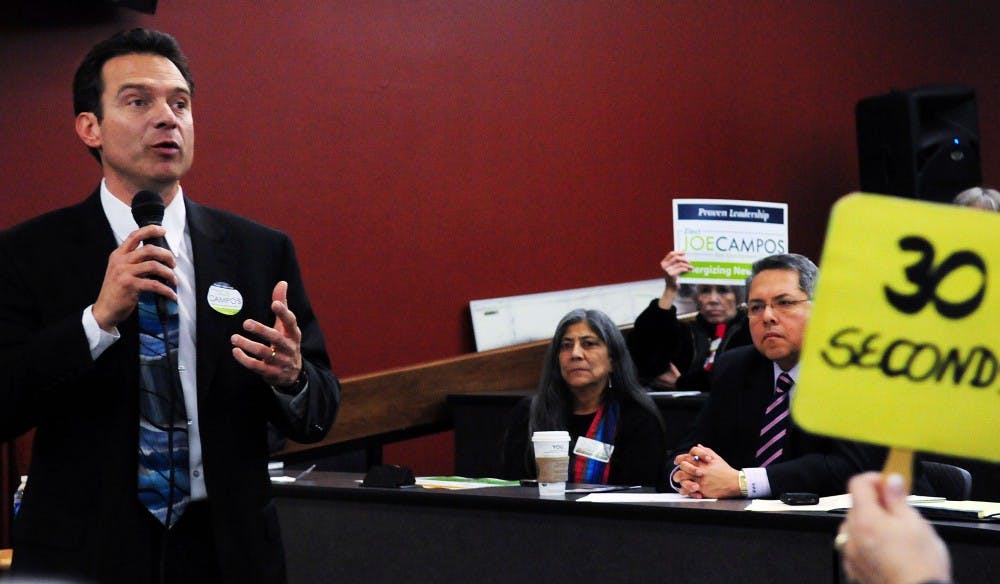 	Candidate Joe Campos outlines his plans for renewable energy at the Democratic Lt. Governor candidate’s forum Jan. 14 at the UNM School of Law. The Democratic Party of Bernalillo County sponsored the event, and topics ranged from public school reform to the budget crisis.