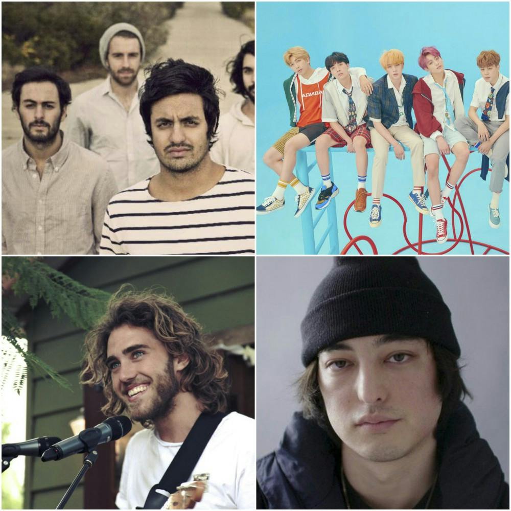 Collage made by Colton Newman. From top left going clockwise are images of Young the Giant, BTS, Matt Corby and Joji.