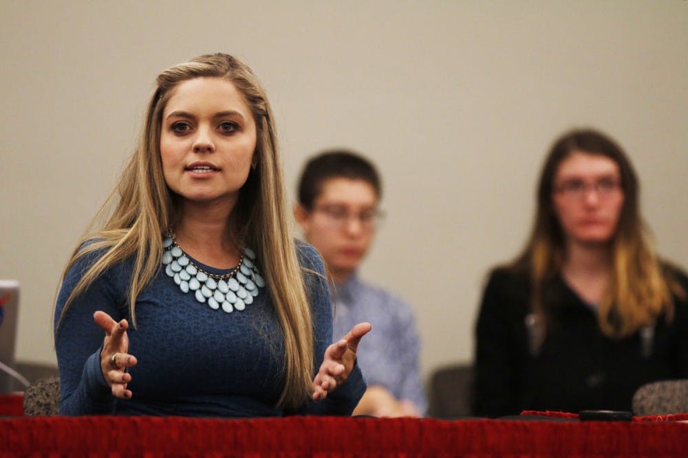ASUNM Senator Sade Patterson speaks during the groups meeting Wednesday, Nov. 30, 2016 at the UNM SUB. Patterson proposed a resolution that would require the Womens Resource Center to include more options for pregnant students.&nbsp;
