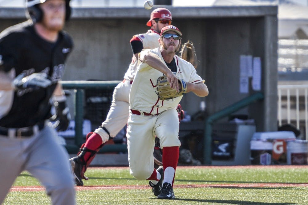 Sophomore infielder Carl Stajduhar launched the ball towards first base to out a Nevada player Saturday May 28, 2016 at Santa Ana Star Field during the Mountain West Championship. Stajduhar was given a&nbsp;2016 Louisville Slugger All-America award for his performance in the 2016 season.&nbsp;
