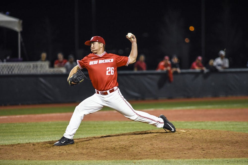 Freshman Chandler Coates pitches against a Grand Canyon University player Tuesday, March 21, 2017 at Santa Ana Star Field. The Lobos defeated GCU Wednesday afternoon with a 22-3 victory ending their two game series with a 1-1 split.&nbsp;