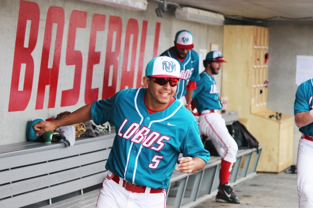 Freshman infielder Aaron Corral runs onto the field after the 9th inning that ended in the Lobos win against Wichita State on Sunday afternoon at Santa Ana Star Field. The Lobos beat Wichita State three times out of a three game series.