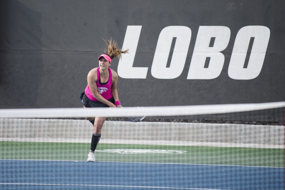 Senior Ludivine Burguiere competes during a match on April 1, 2016 at the McKinnon Family Tennis Stadium. The Lobos were on the road this weekend, and took home a victory against the University of Wisconsin.