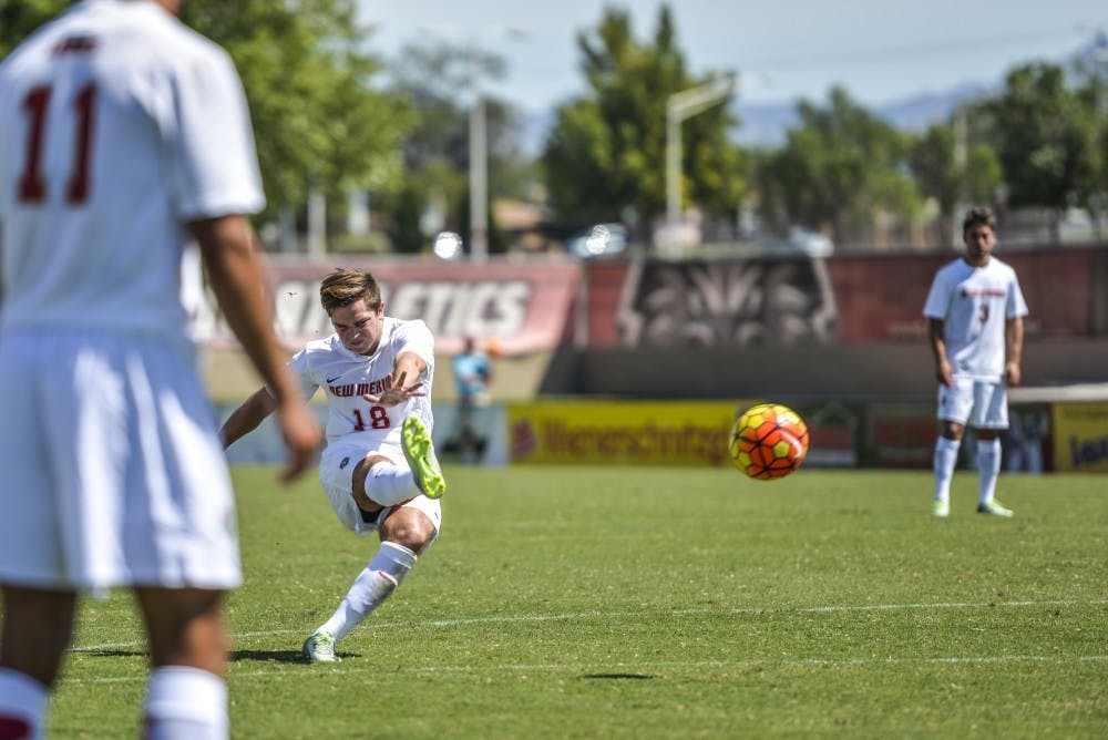 Redshirt sophomore defender&nbsp;Gabriel Camera sends the ball towards the Fort Lewis goal keeper&nbsp;Thursday afternoon. Camera's shot put the gears in motion for&nbsp;the Lobos' second goal as it was rebounded and put in the net by forward Niko Hansen.&nbsp;